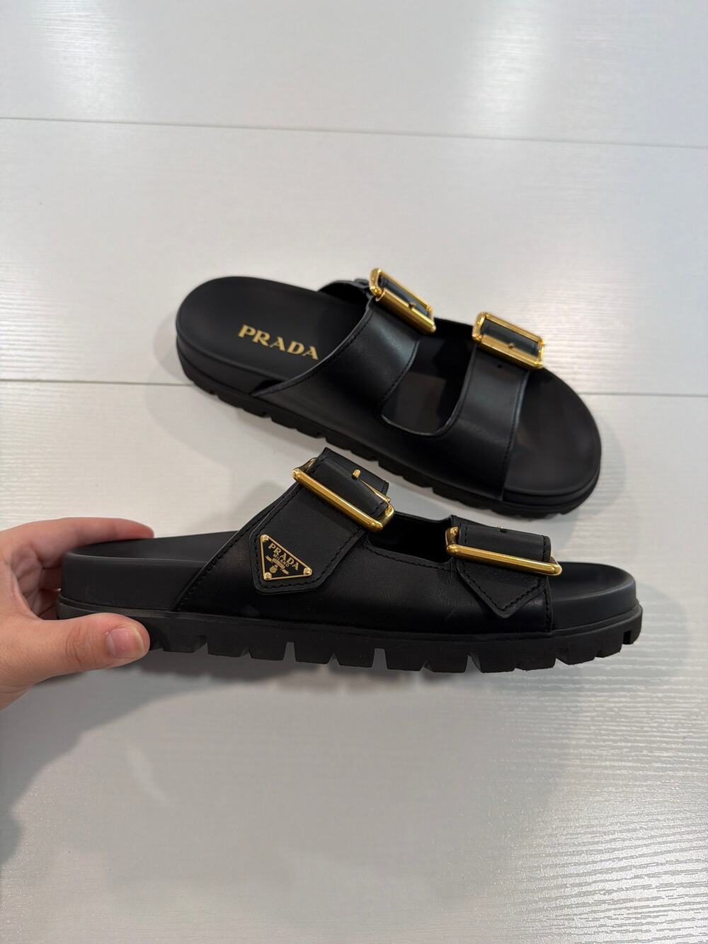 Prada Leather Sandals Black with Gold Buckles Size 39